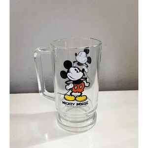 VINTAGE WALT‎ DISNEY MICKEY MOUSE TALL CLEAR GLASS ROOT BEER MUG  5 1/2" H